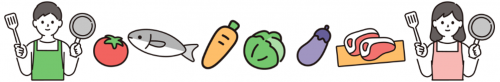 エプロンをつけた人と食材のイラスト